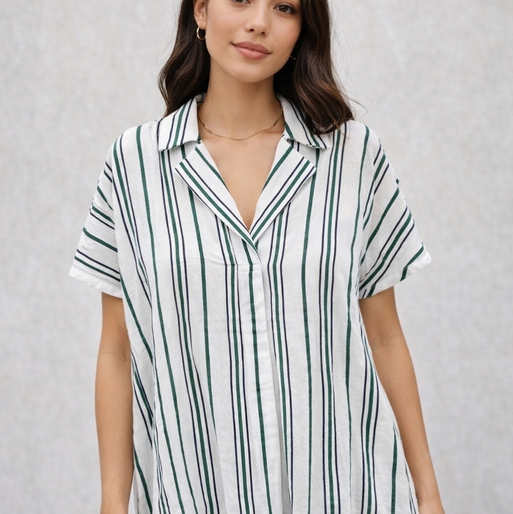 Doe & Rae White Green Navy Striped Collared Popover Top Short Sleeve Cotton NWT